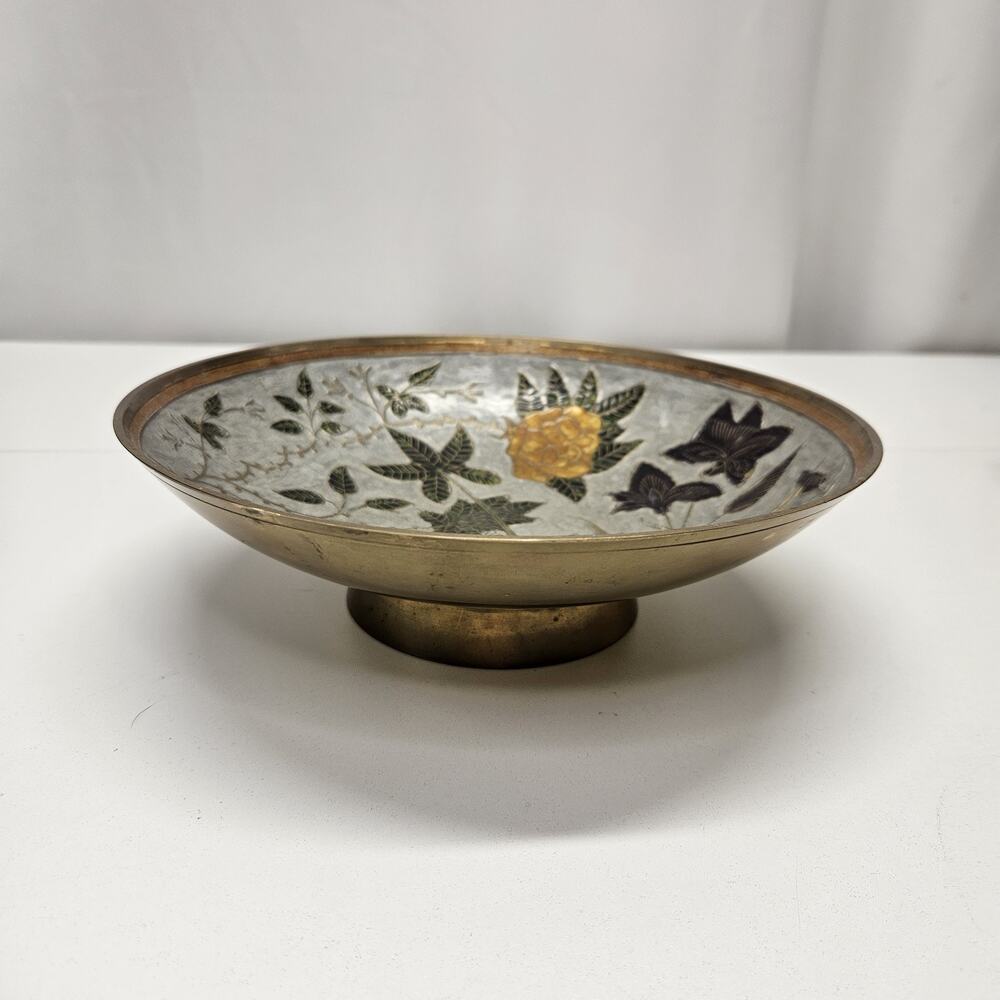 Vintage Brass Closionne Enamel Pedestal 9.5 Decorative Bowl India Floral